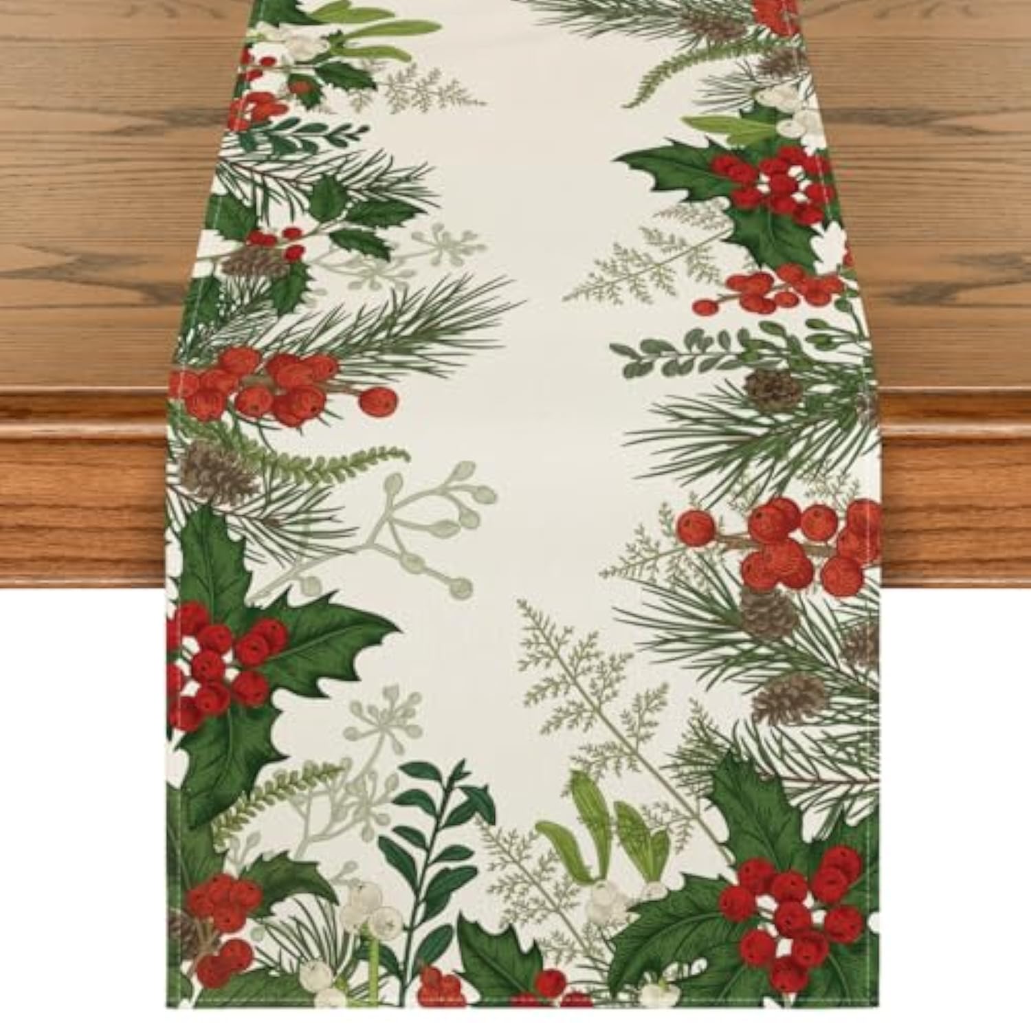 Holly Pine Cone Christmas Table Runner, Seasonal Winter Kitchen Dining Table Decoration For Home Party Decor 13X72 Inch
