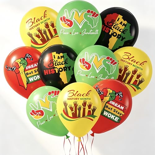 40Pcs Juneteenth/Freedom Day Black History Balloons (Black/Yellow/Red/Green) - African Style Graphics - 10 Each Color, 40 Total Latex Balloons + Accessories