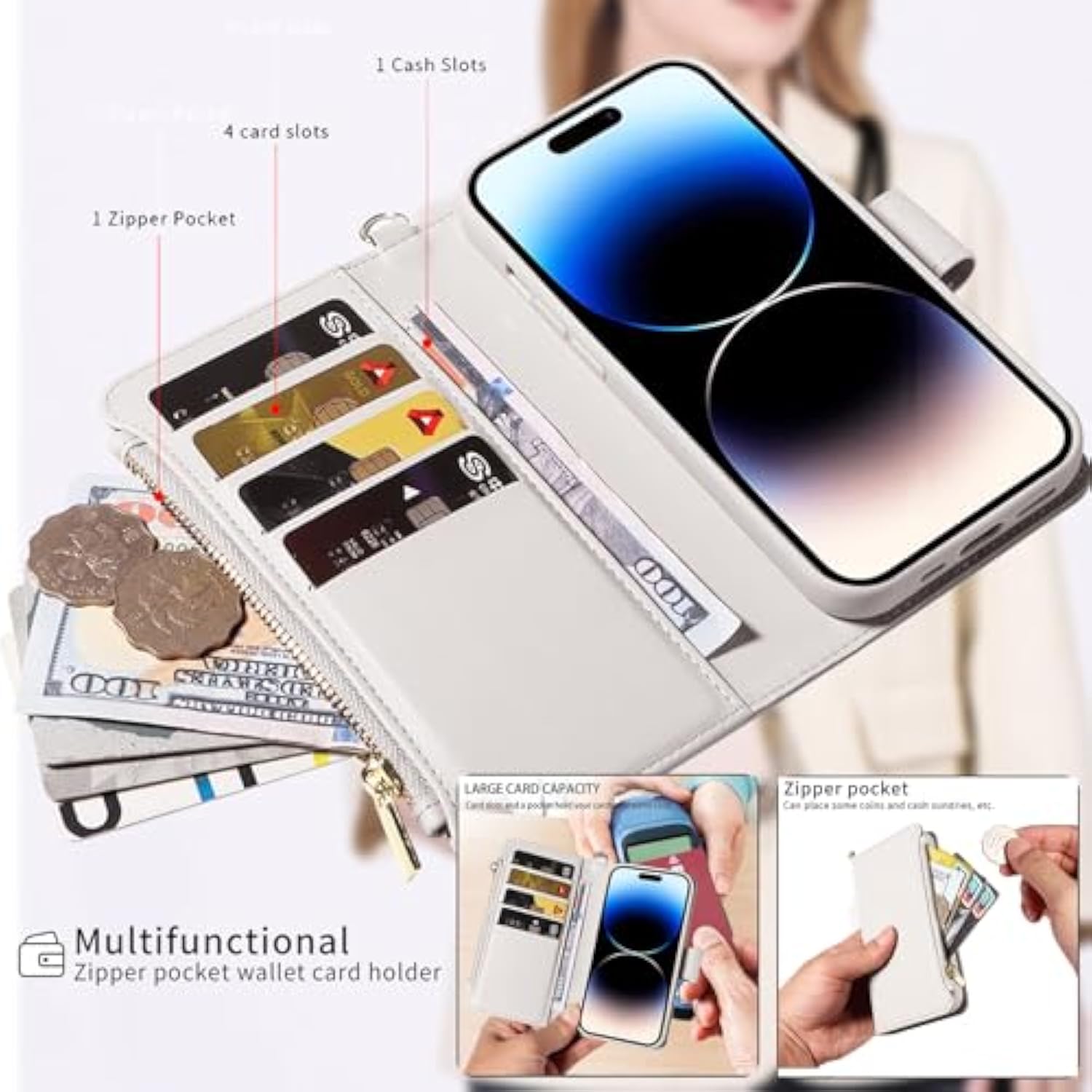 For Iphone 16 Pro(6.3 Inches) Detachable Wallet Case With Crossbody.Multi-Function 2 In 1 Magnetic Wallet Case With Card Holder.Flip Strap Zipper Phone Case With Shoulder Straps