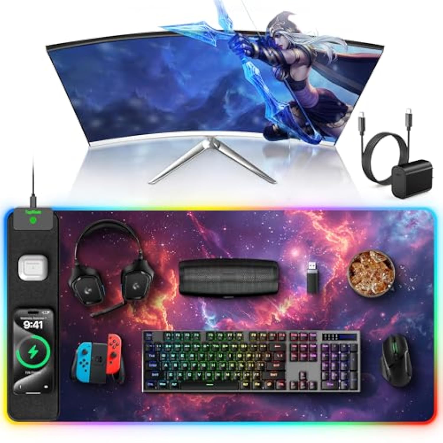 Rgb Gaming Mouse Pad With 15W Wireless Charging, 31.5” X 15.8” Xxl Large Desk Mat Home Office Keyboard Pad For Desk, Waterproof Mousepad With Smooth Surface, Non-Slip Base, Galaxy Nebula