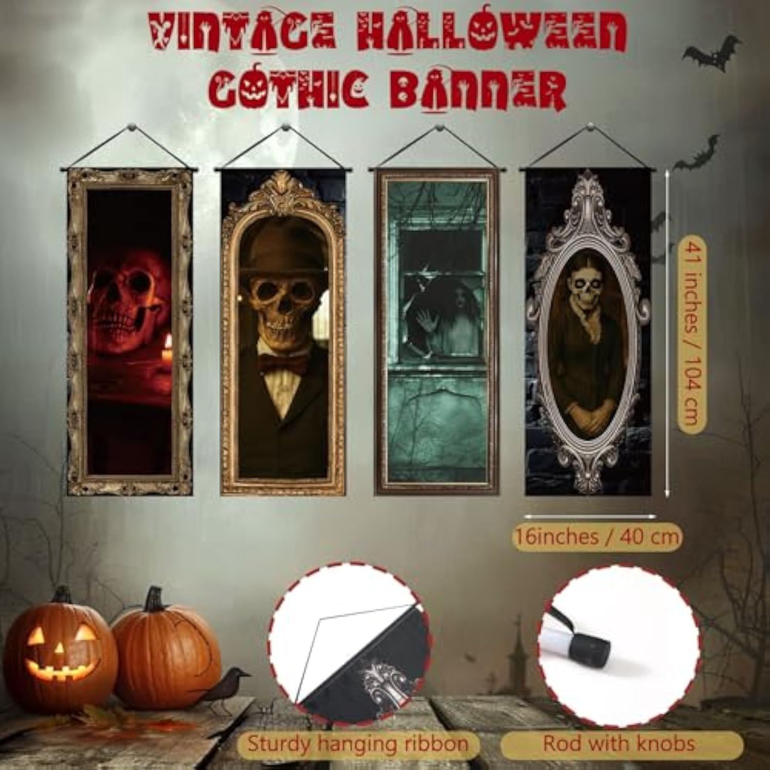 4Pcs Halloween Gothic Banner Haunted Portraits Spooky Porch Sign Backdrop Decorations