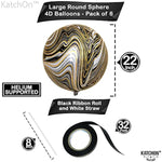 , Big Black And Gold Marble Balloons - 22 Inch, Pack Of 6 | Round 4D Marble Black And Gold Balloons | Mylar Balloons For Golden Anniversary, Birthday, Bachelorette Party Decor