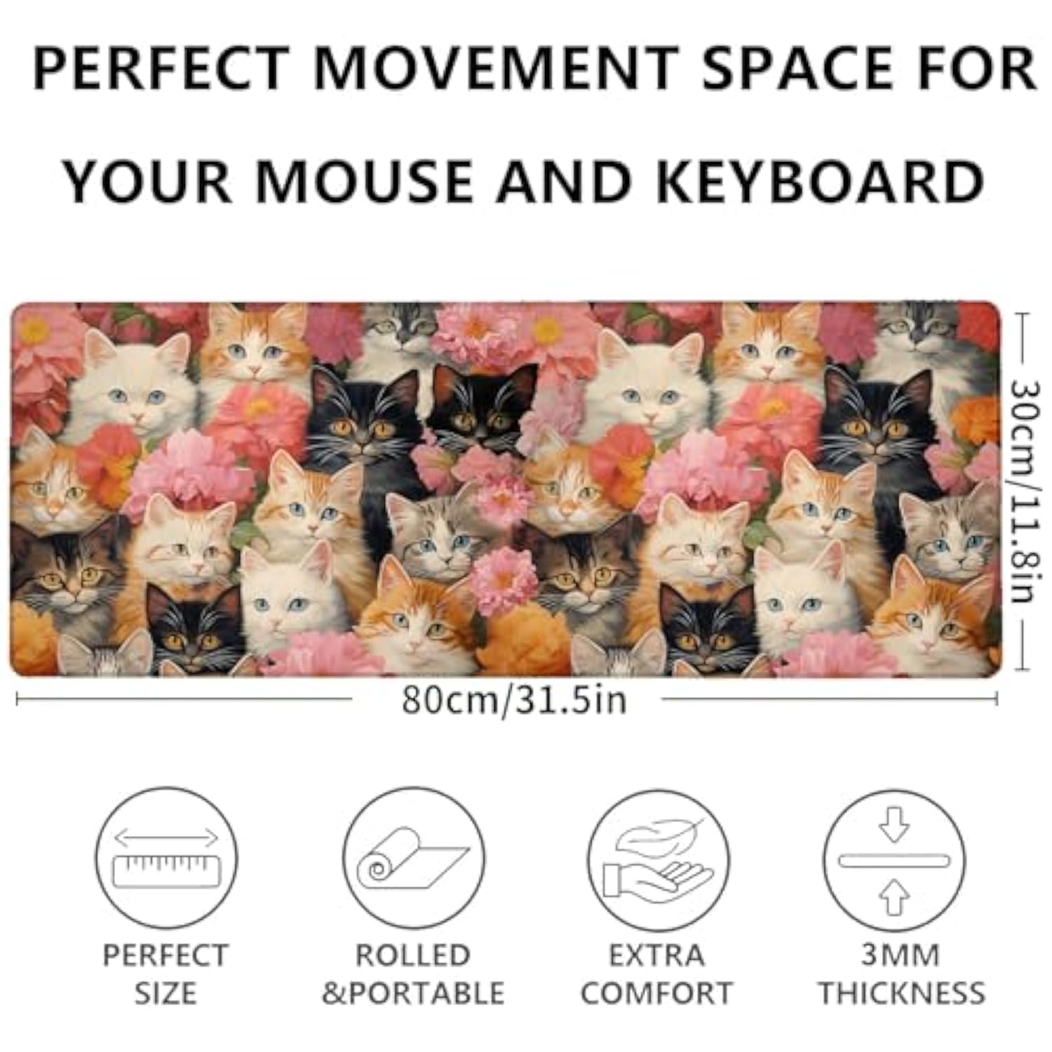 Cute Cat Gaming Mouse Pad 31.5 X 11.8 Inch,Kitten Flower Large Extended Desk Mat With Non-Slip Rubber Base,Floral Big Mousepad For Laptop Computer Pc,For Office Gamer Home Decor,Deskmat Gifts