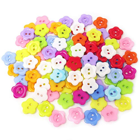 100Pcs 15Mm/0.6Inch Flower Shaped Candy Colors Button 2 Holes Sewing C