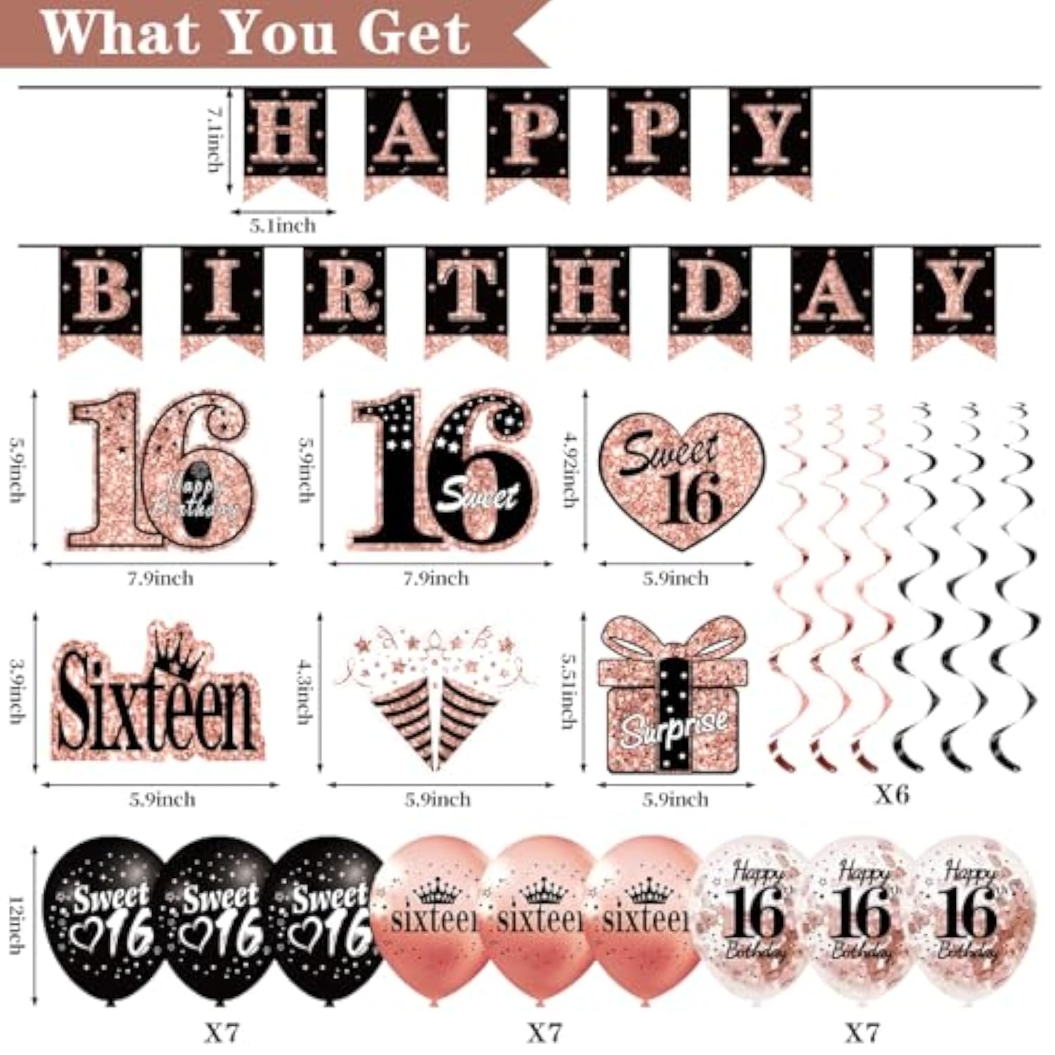16Th Birthday Decorations For Girls, 33Pcs Sweet 16 Crown And Sash, Black Rose Gold Happy 16Th Birthday Banner Balloons Backdrop Hanging Swirls Paper Fans, Sixteen Party Decorations Kit