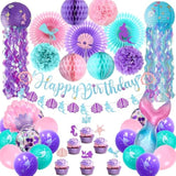 Mermaid Birthday Party Decorations, 48Pcs Happy Birthday Banner Jellyfish Lantern Cake Topper Balloons For Little Mermaid Theme Baby Shower Ocean Party Supplies Favors Girl