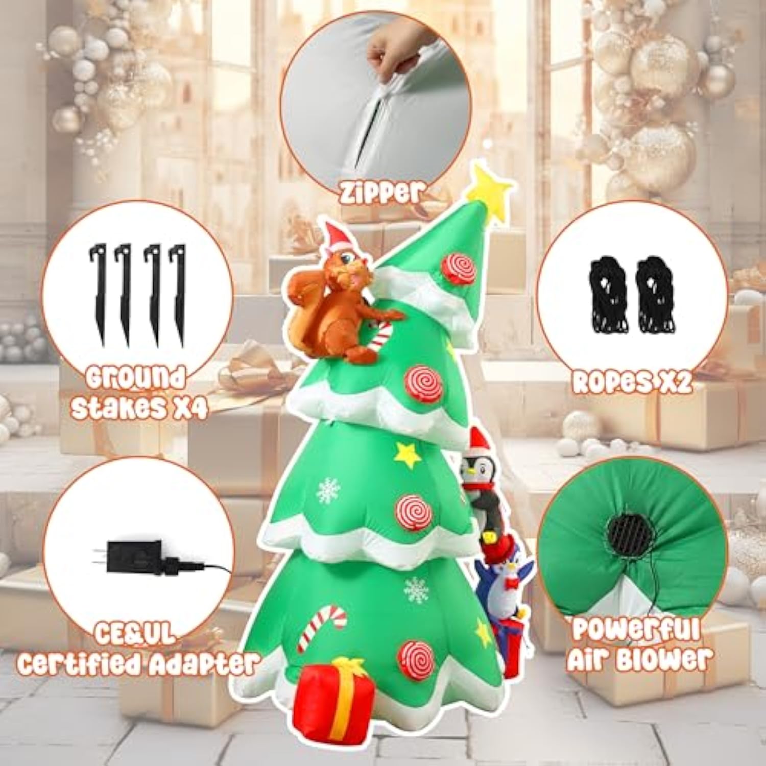 7Ft Inflatable Christmas Tree Outdoor Decorations, Blow Up Christmas Tree With Penguins, Xmas Yard Decor With Built-In L
