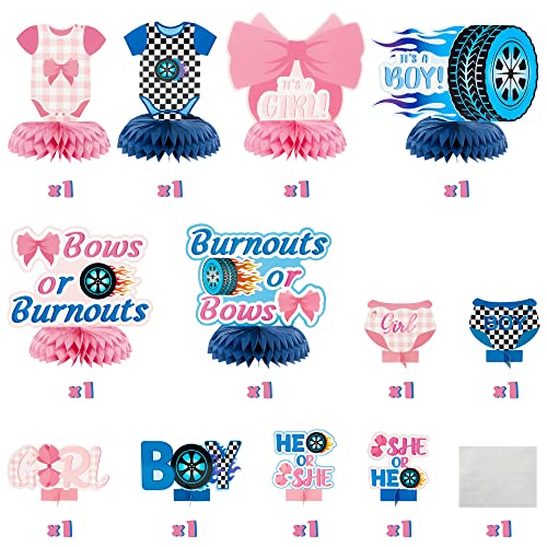 12Pcs Burnouts or Bows Gender Reveal Party Honeycomb Centerpieces Table Toppers for Boys Girls Blue and Pink Car Wheel Bow Tie Party Decoration Supplies for He or She Gender Reveal Baby Shower