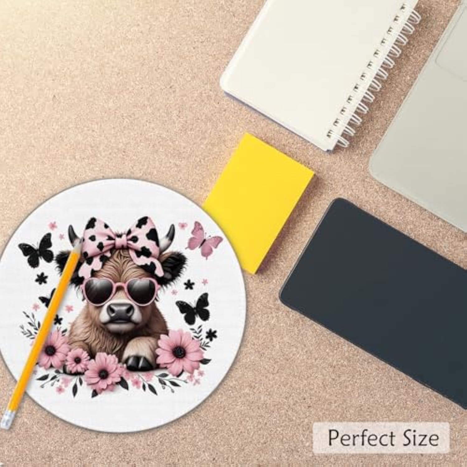 Pink Highland Cow Mouse Pad 7.9X7.9 Inch,Coquette Bow Cow Mouse Pads For Wireless Mouse Computers Laptop Desk Accessories For Office,