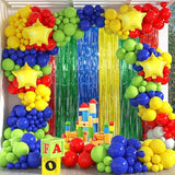 Super Bros Birthday Party Decoration, Including 2Pack Red Green Blue Yellow Foil Fringe Curtains, 1Pc Mario Themed Birthday Banner & 22Pcs Balloons For Video Game Mario Theme Birthday Party Supplies
