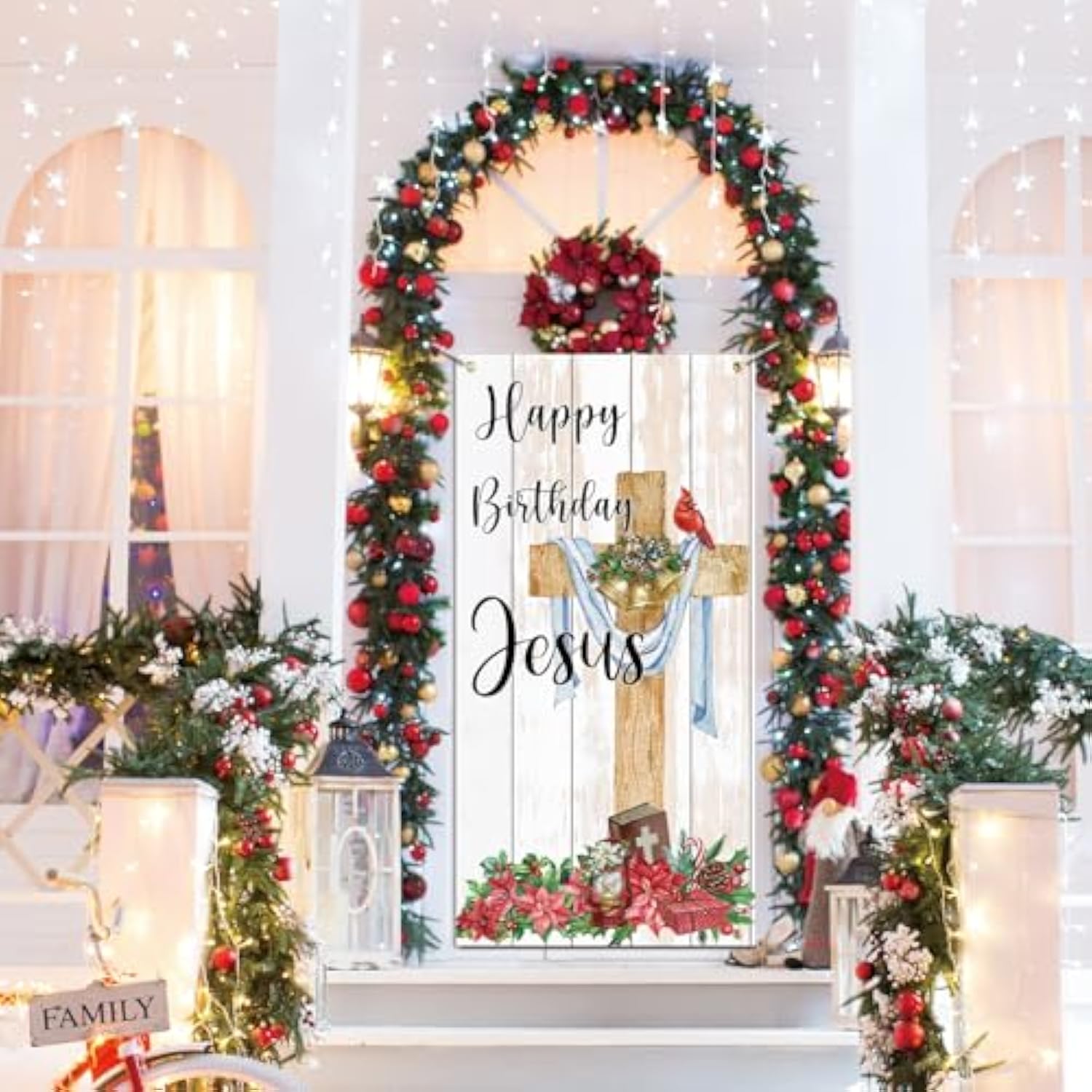 Religious Jesus Christmas Door Banner, Happy Birthday Jesus Welcome Door Cover, Christian Jesus Nativity Cross Winter Holiday Porch Sign Door Decor Backdrop Banner 70.9 X 35.4 Inches