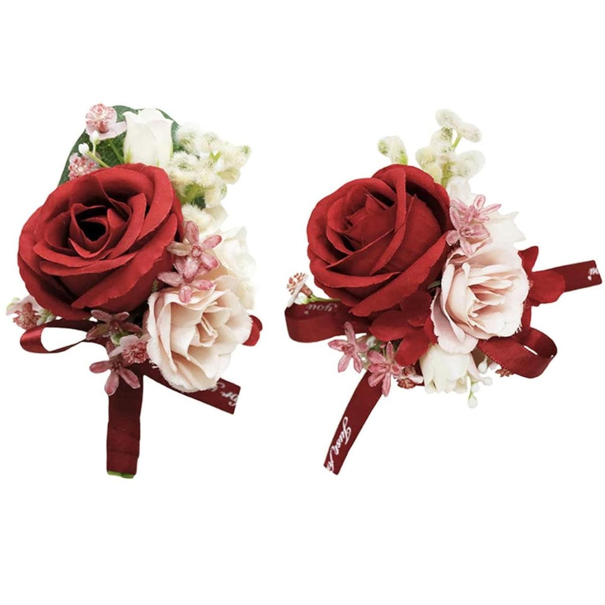 Artificial Rose Corsage Boutonniere Set For Groom Bride Groomsmen Bridesmaids, Simulated Flowers Accessories Wedding Party Prom Suit Decorations-2 Pieces Of Red+Creamy+Light Pink