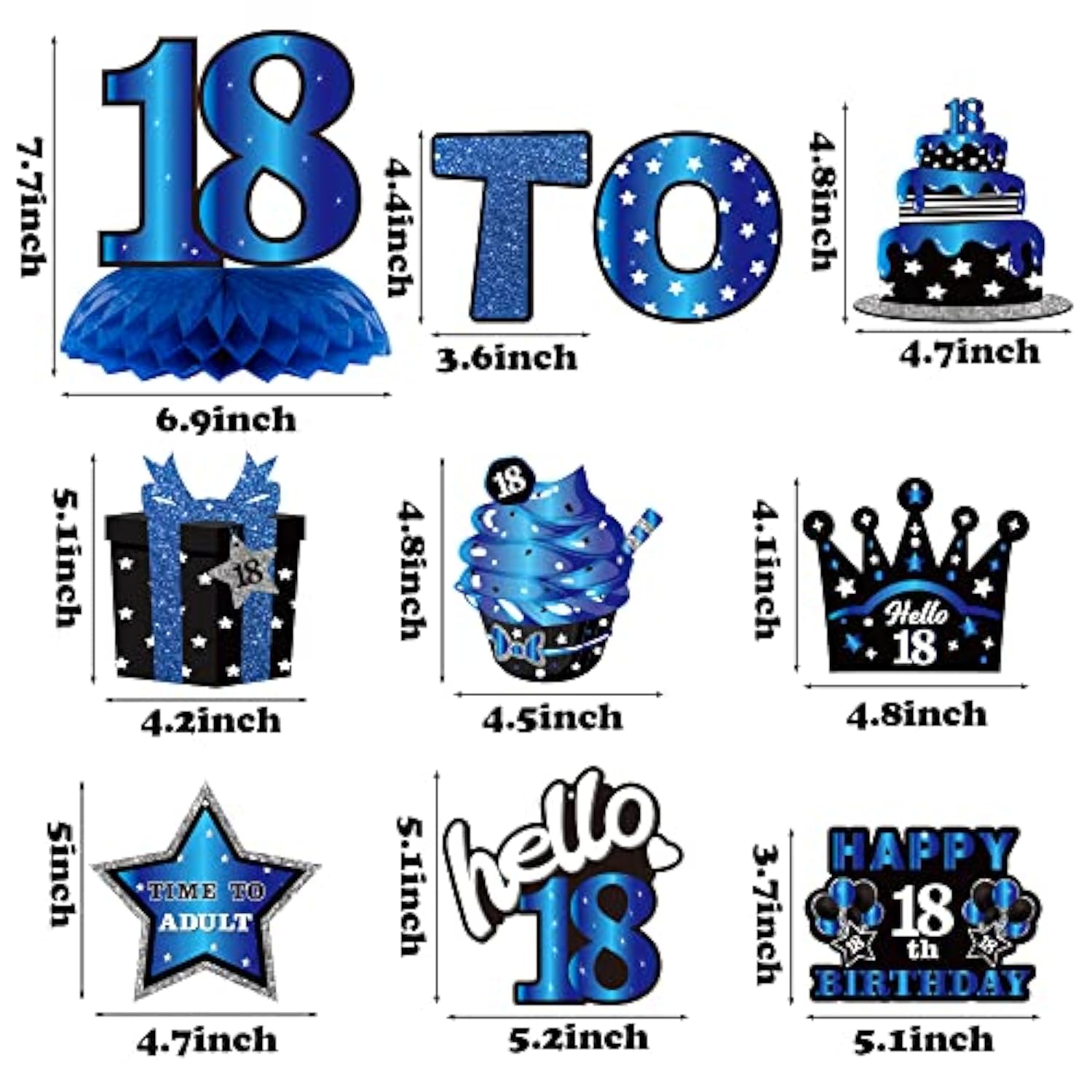 26Pcs 18th Birthday Decorations, Blue & Black Banner, Swirls & Honeycomb Centerpieces
