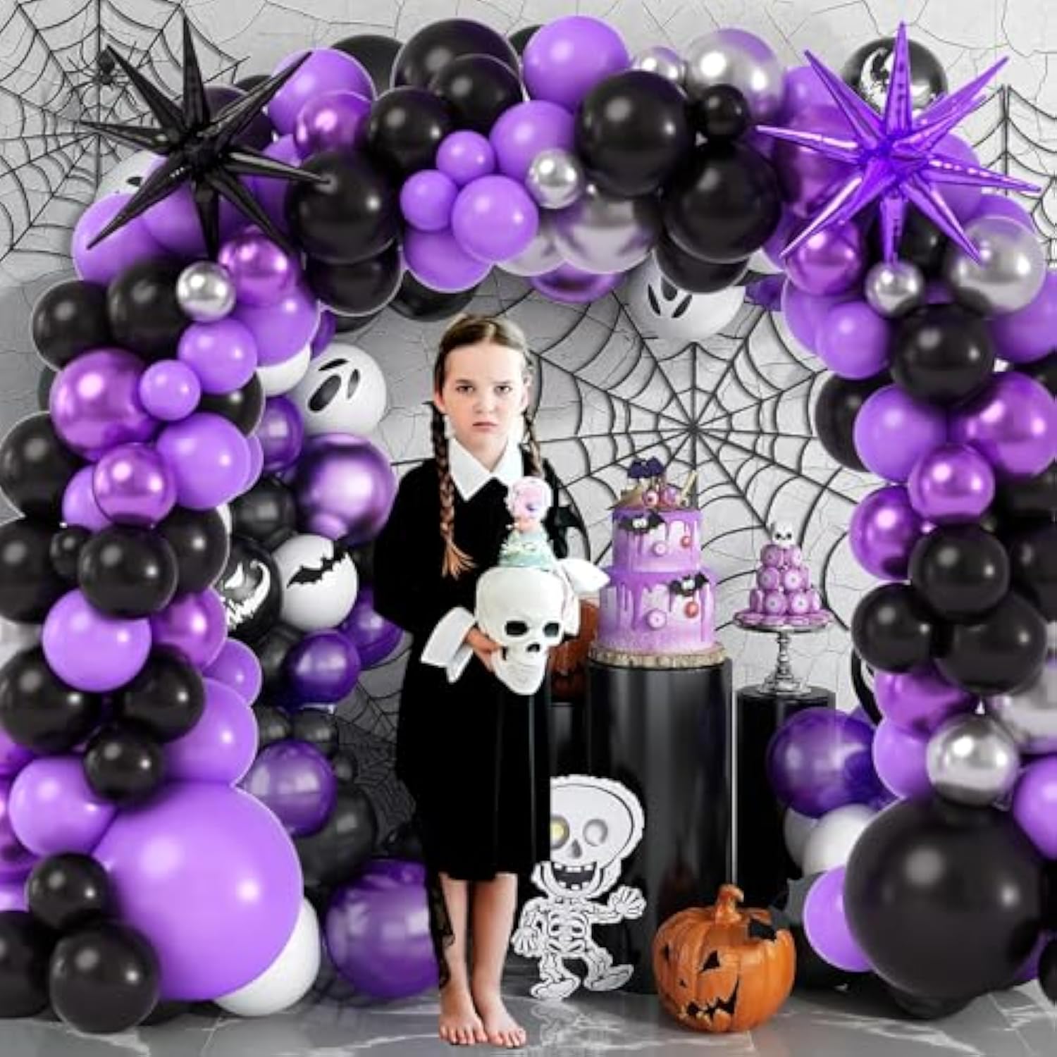Purple And Black Birthday Party Decorations Supplies For Girls Kids With Balloon Garland Arch Kit Birthday Backdrop Spider Web Tablecloth Star Balloon Halloween Black Purple Party Decorations