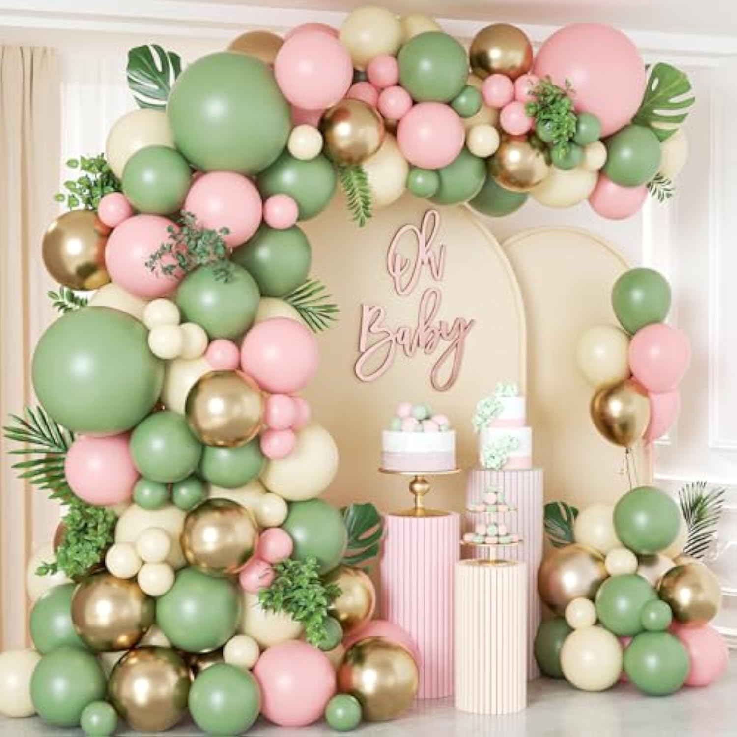 Sage Green Balloon Garland Kit: Pink, White & Gold - Baby Shower