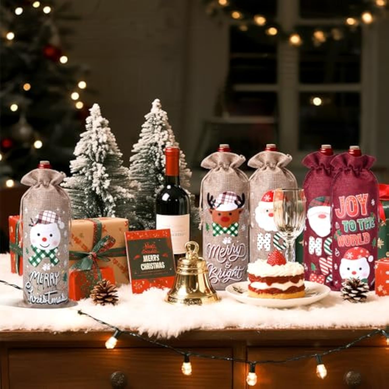 12 Pcs Christmas Wine Bottle Gift Bags With Drawstring, Burlap Wine Gift Bags With 12 Assorted Holiday Designs For Xmas Party Decorations
