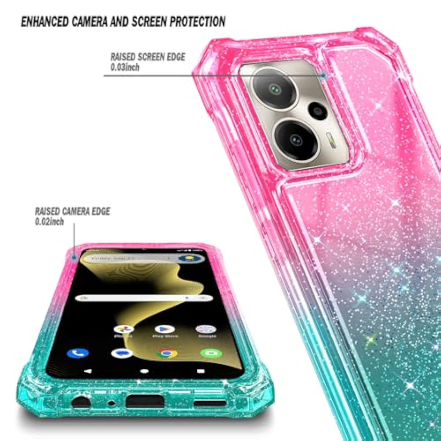 For Cricket Outlast 5G 2024 Case, At&T Motivate Pro 5G With [Built-In Screen Protector], [9Ft Military Grade Drop Tested] Full-Body Protective Shockproof Bumper Case (Glitter Pink/Aqua)