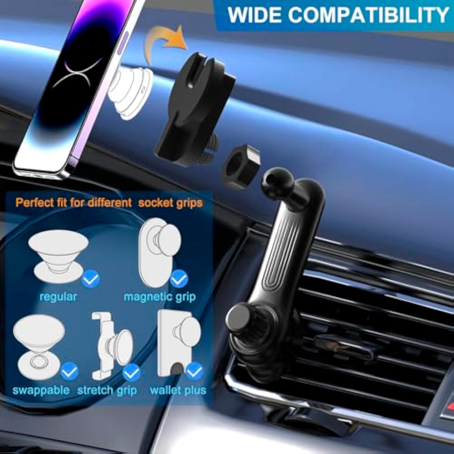 Car Phone Holder For Socket Mount, Air Vent Car Phone Holder For Pop Grip [Never Blocking] Ac Vent Clip Phone Mount 360° Adjustable Works With Popsocket Car Mount For Iphone Samsung All Smartphones