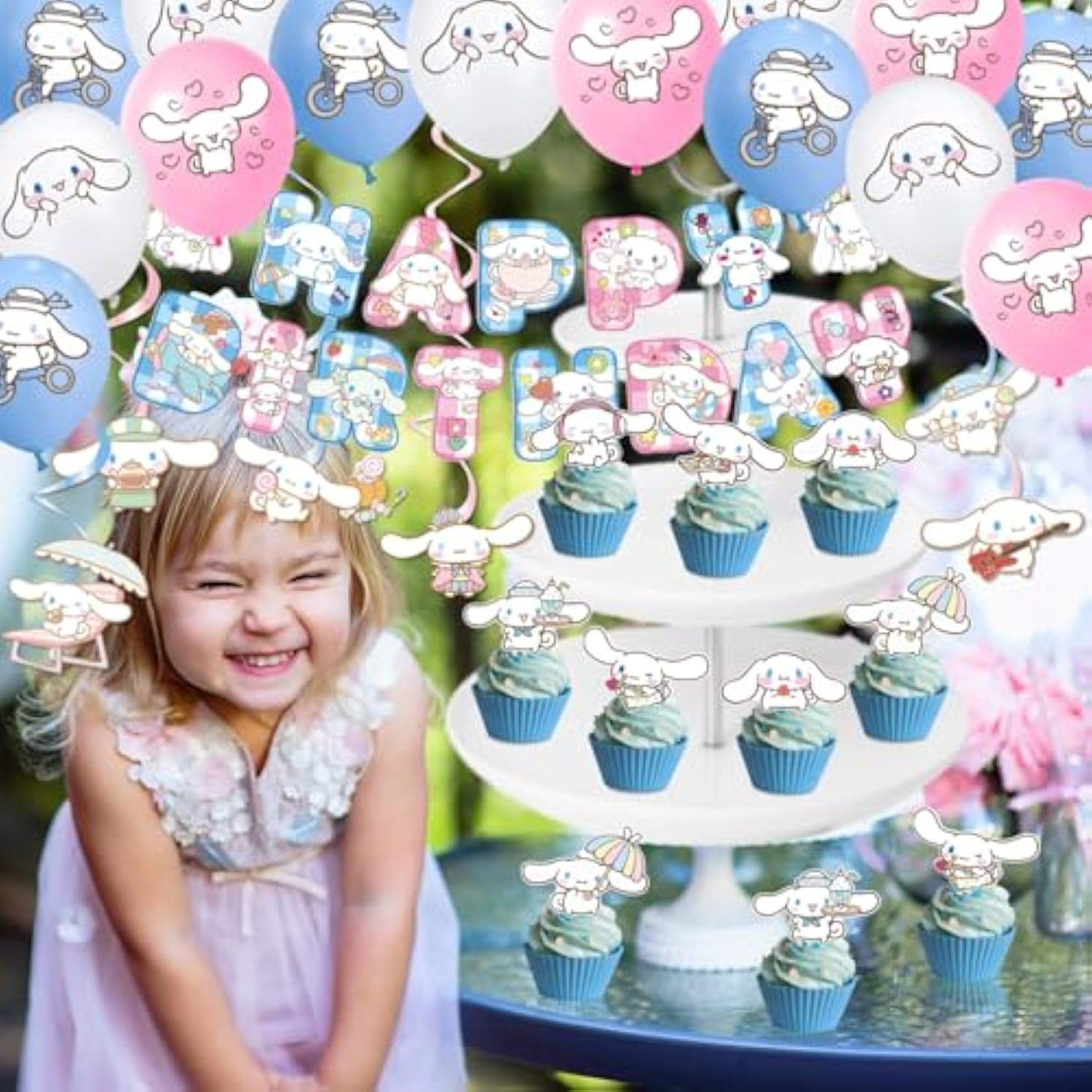 Cinnamoroll Birthday Decorations, 101Pieces Party Supplies Set Include Banner, Balloons, Stickers, Hanging Swirls, Cake Cupcake Toppers, Tablecloth For Kids Cinnamoroll Theme Party