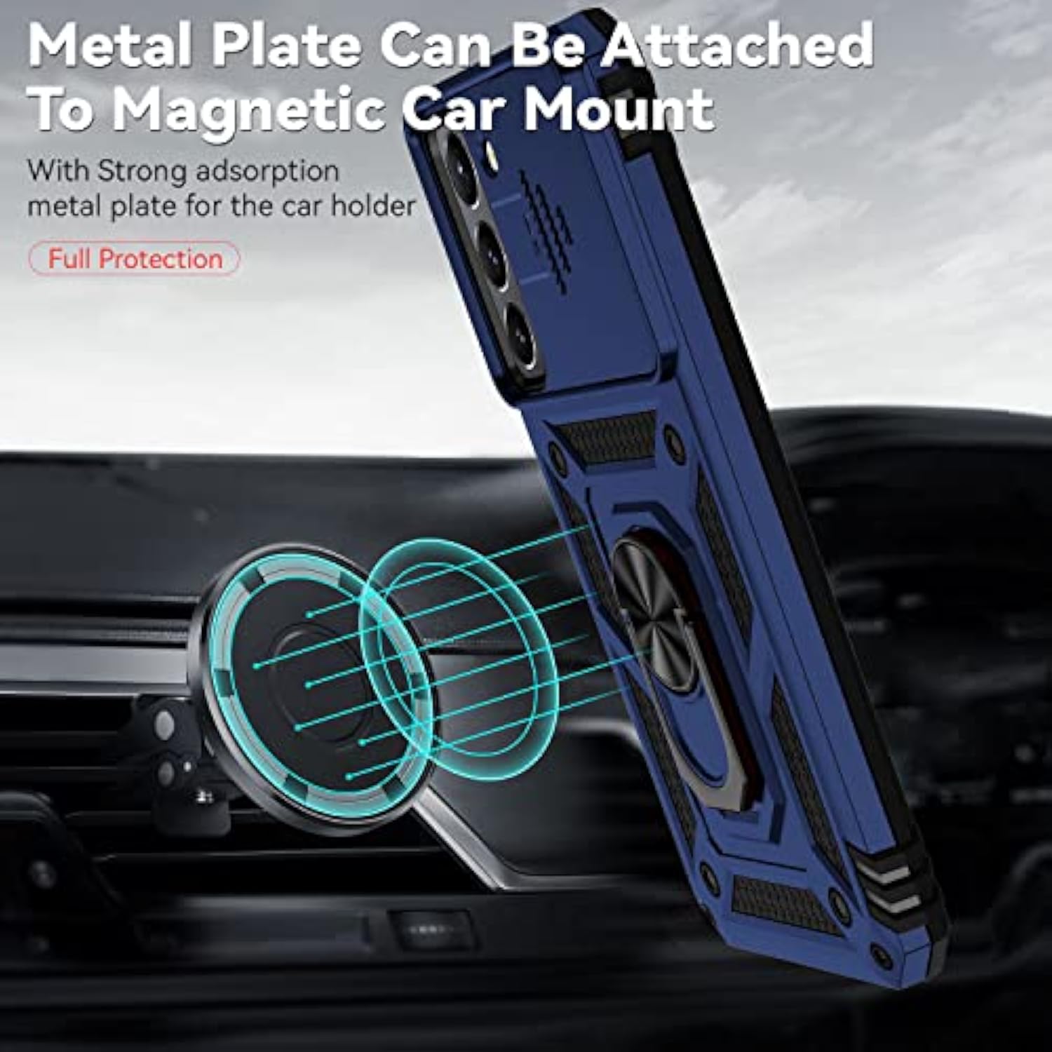 For Samsung Galaxy S22 Plus Case With Camera Lens Cover Hd Screen Protector, Military-Grade Drop Tested Magnetic Ring Holder Kickstand Protective Phone Case For Samsung Galaxy S22+ Plus 5G (Navy Blue)