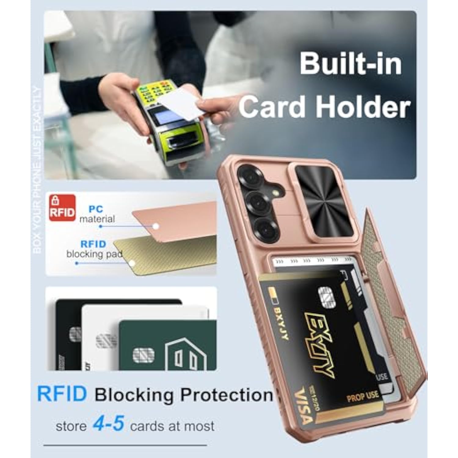 Samsung Galaxy S25+ Wallet Case, RFID, Card Holder, Military Drop, Rose Gold