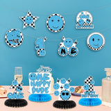 12 Pcs One Happy Dude Honeycomb Centerpiece Blue One Happy Dude 1St Birthday Party Decoration Birthday Centerpiece Table Decorations Smile Face Table Topper For Baby Shower Party