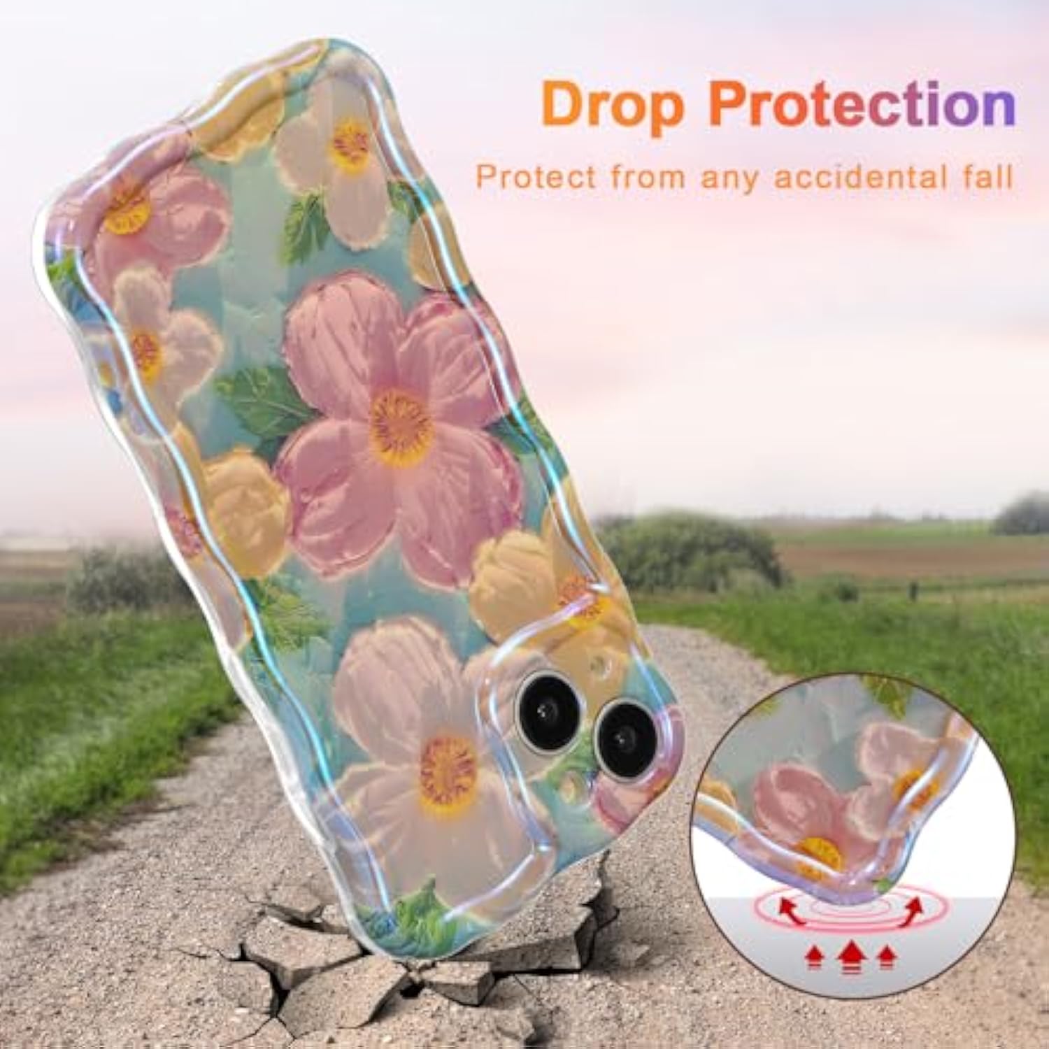 Case For Iphone 14 Plus/Iphone 15 Plus, Colorful Retro Oil Painting Flower Laser Glossy Cute Curly Wave Edge Exquisite Phone Cover Stylish Durable Tpu Protective Case For Girl Women - Green