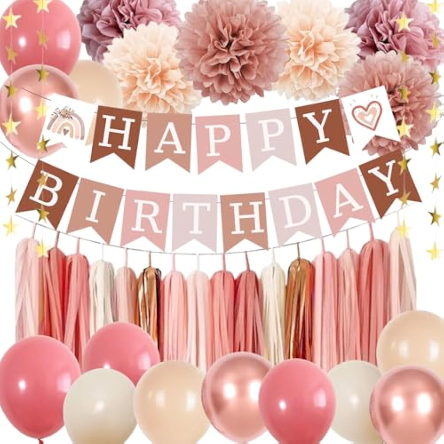 Retro Blush Pink Birthday Decorations, Boho Balloons, Banner & Tassel Garland
