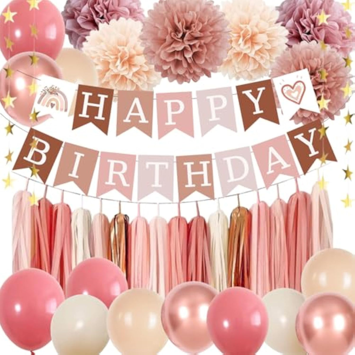 Retro Blush Pink Birthday Decorations, Boho Balloons, Banner & Tassel Garland