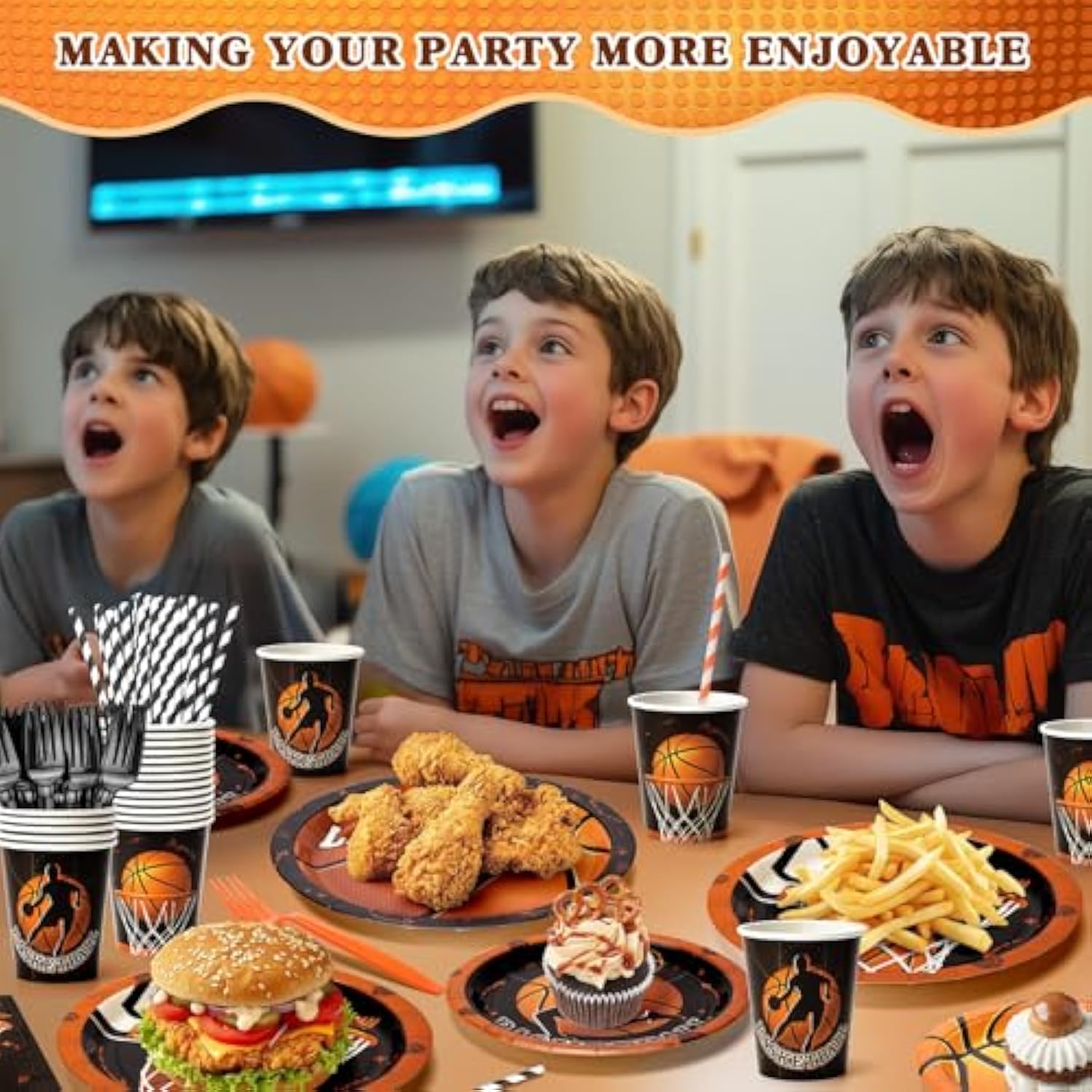 Basketball Plates And Napkins Party Supplies-300 Pcs Serve 50 Guests, Includes Cups, Forks And Straws, Disposable Tableware Set, Basketball Birthday Decorations