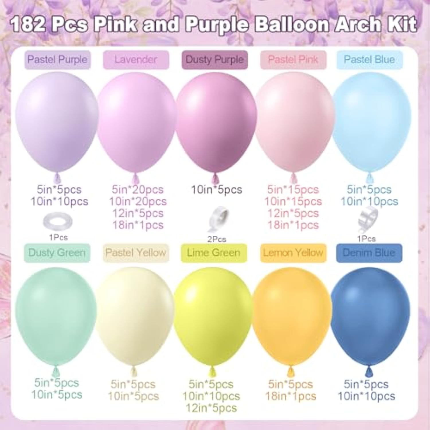 182 Pcs Pastel Pink And Purple Balloon Arch Garland Kit, Fairy Birthday Decorations With Pink Lavender Purple Blue Yellow Green Balloons For Baby Shower Spring Garden Tea Party Wedding Decor