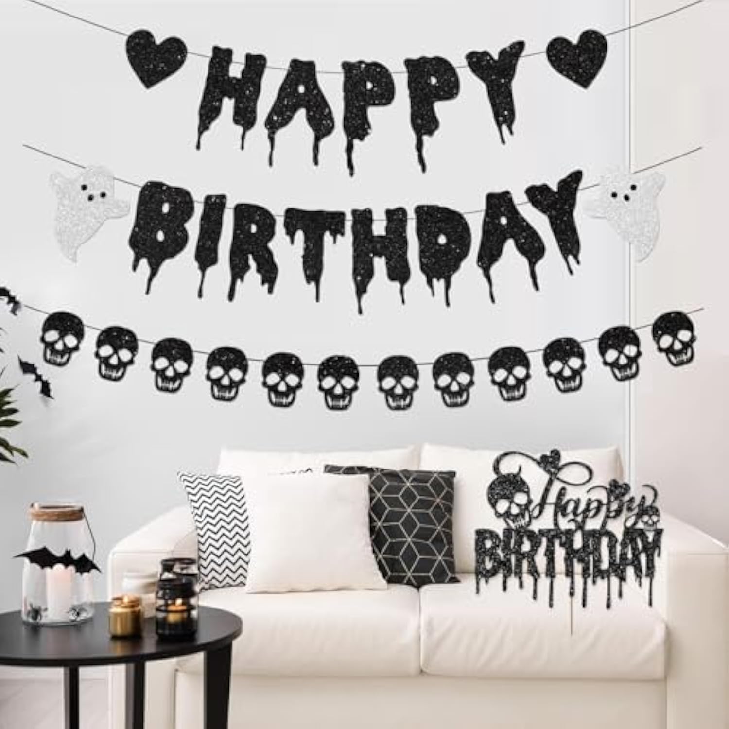 Black Glitter Halloween Birthday Banner Decorations Cake Topper Heart Skull Garland For Halloween Happy Birthday Party Decorations Theme Baby Shower Supplies