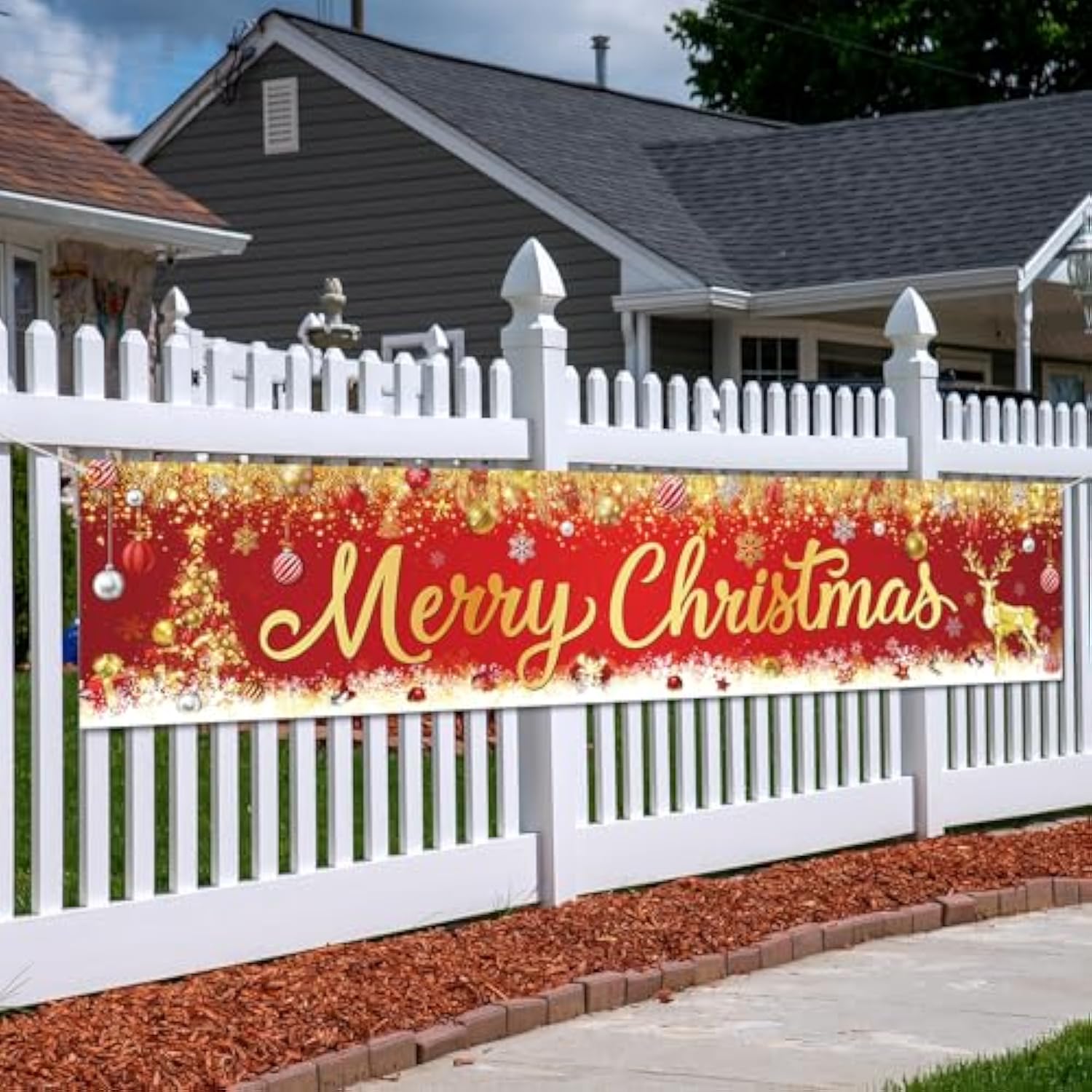 Merry Christmas Banner - Red And Gold Large Outdoor Xmas Tree Elk Banner For Christmas Holiday Party Fence Yard Sign Decoration Photo Background, 9.8 2Ft