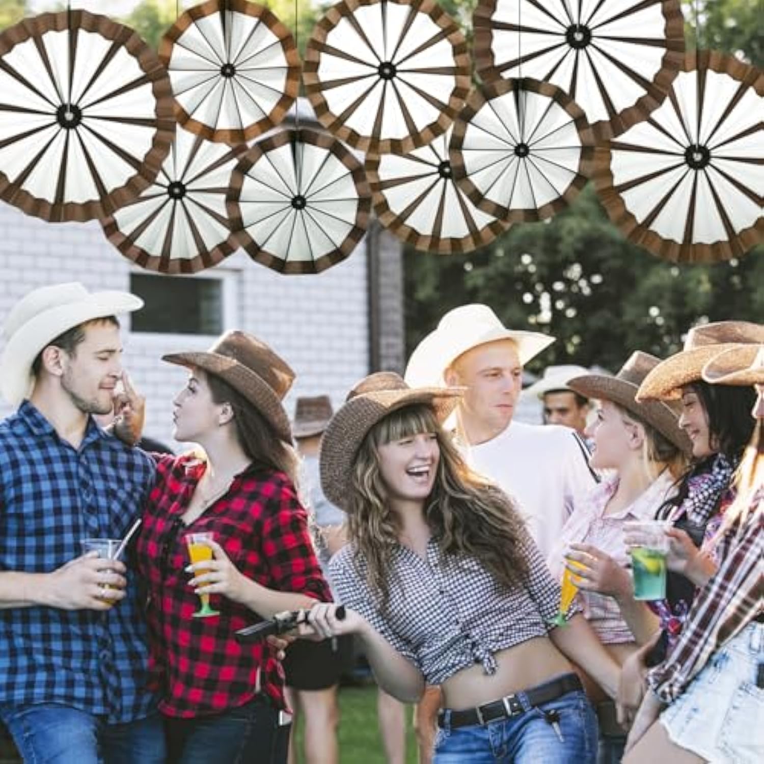9 Pcs Western Cowboy Party Decorations Paper Fans Wagon Wheels Straw Hay Bales Hanging Ceiling Wall Decor For Country Western Themed Rodeo Farm Birthday Party Supplies (Wagon Wheels)