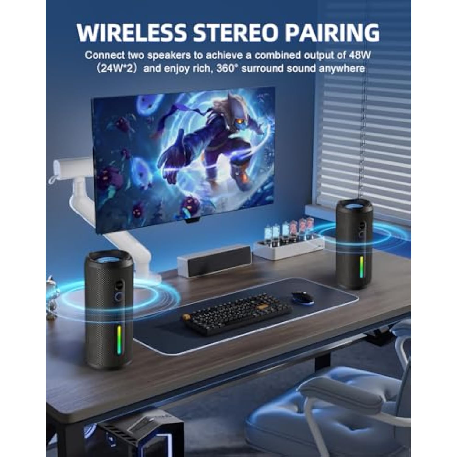 Portable Bluetooth Speaker, Ipx7 Waterproof Wireless Speaker With 24W Loud Stereo Sound, Active Extra Bass, Bluetooth 5.3, Rgb Lights, Dual Pairing, Up To 30H Playtime For Home, Outdoor, Party