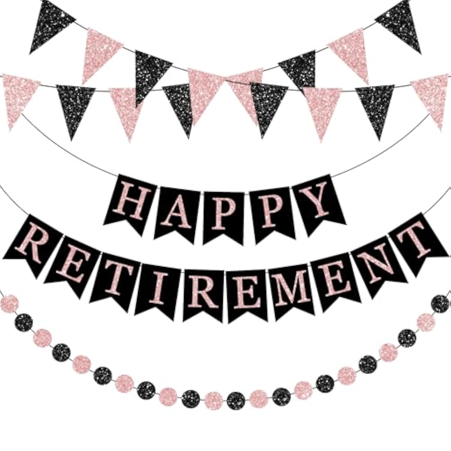 Happy Retirement Banner Rose Gold And Black Retirement Banner Glittery Pennant Flags Circle Dot Garland Retirements Party Decorations For Women Retirements Goodbye Farewell Going Away Party Decor