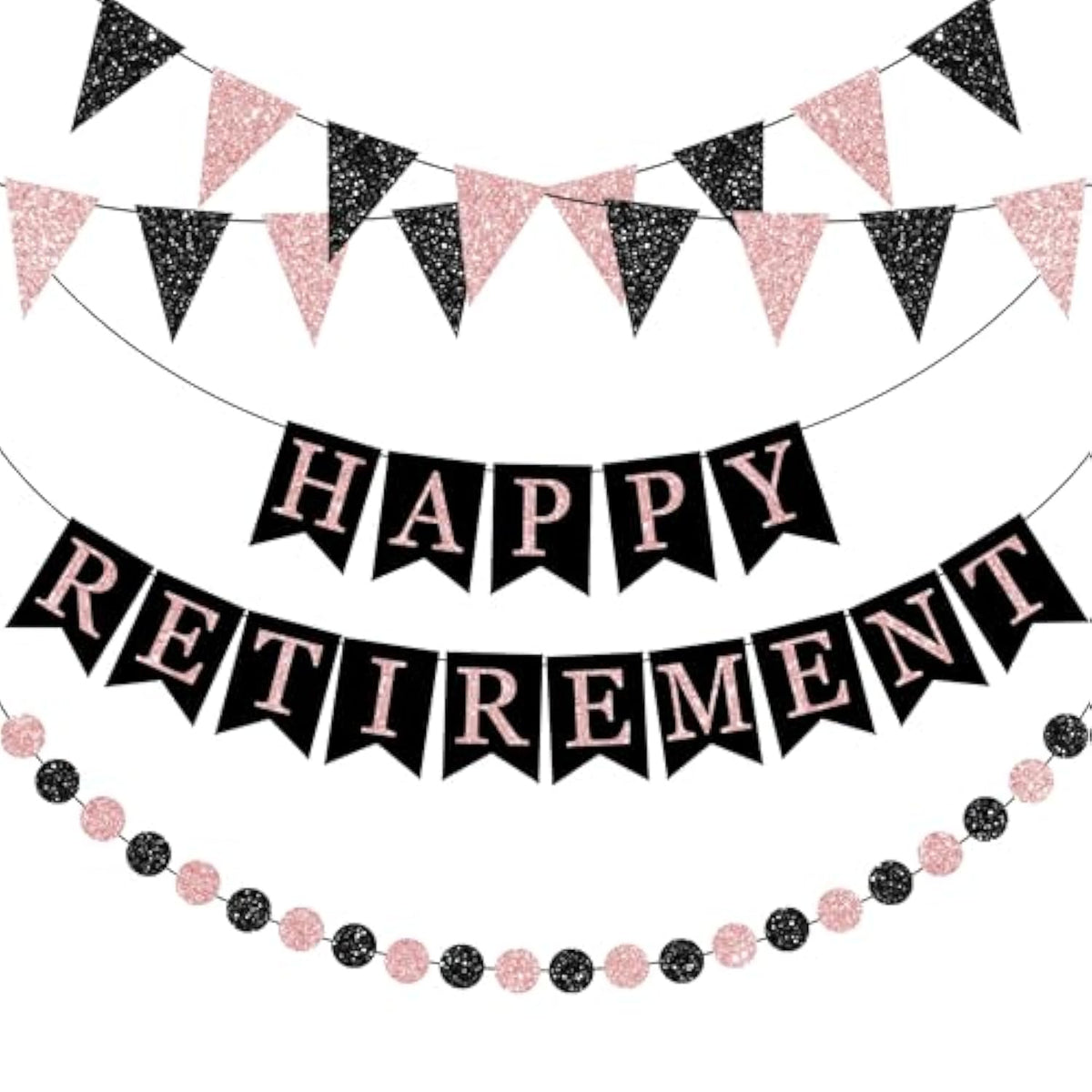 Happy Retirement Banner Rose Gold And Black Retirement Banner Glittery Pennant Flags Circle Dot Garland Retirements Party Decorations For Women Retirements Goodbye Farewell Going Away Party Decor