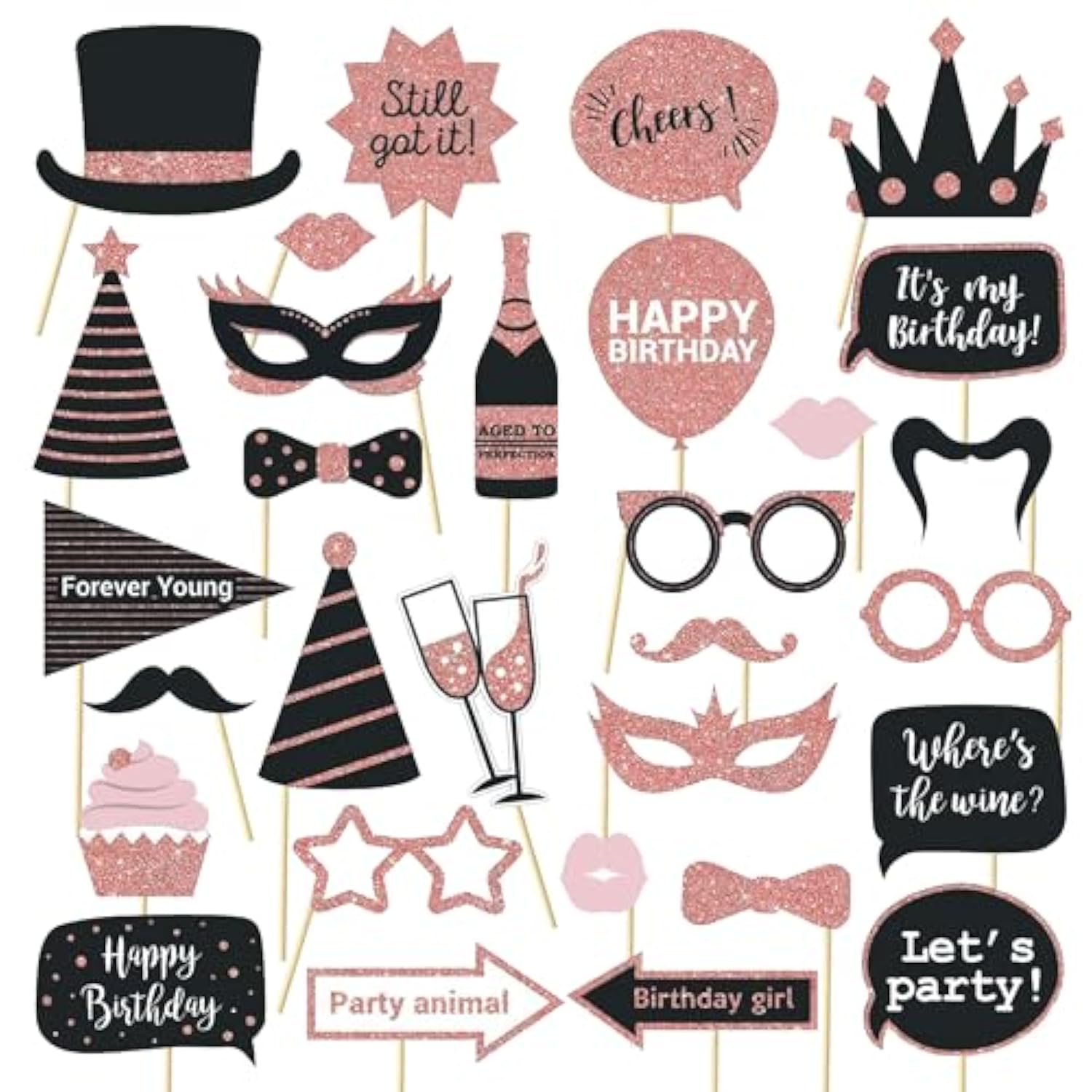 Party Birthday Photo Booth Props, 30Pcs Set Of Happy Birthday Selfie Party Supplies With Real Glitter Cute Bday Designs For Women Or Girls,Easy To Assemble(Rose Gold)