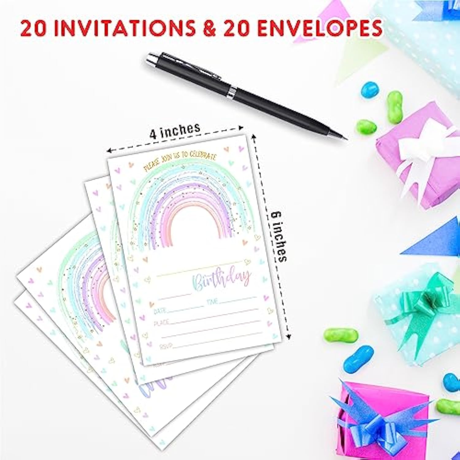 Rainbow Birthday Party Invitations, Pastel Invite Cards (20-Pack) With Envelopes, Birthday Party Supplies Decorations(4"X6")-C01