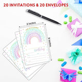 Rainbow Birthday Party Invitations, Pastel Invite Cards (20-Pack) With Envelopes, Birthday Party Supplies Decorations(4"X6")-C01