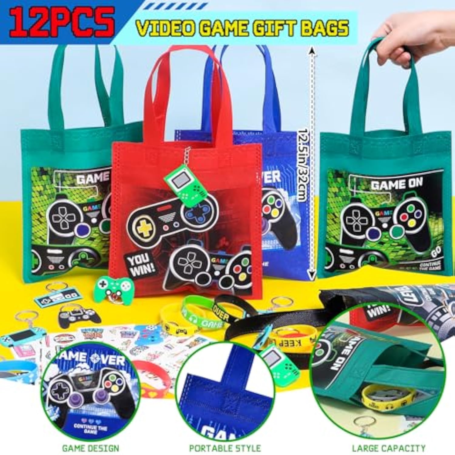 Video Game Party Favors Gamer Birthday Supplies Kids, Non Woven Tote Bag Silicone Bracelet Stamper Glow Sticker Keychain, Goodie Stuffer Pinata Filler Teen Girl Boys Game On Gaming Party Decor