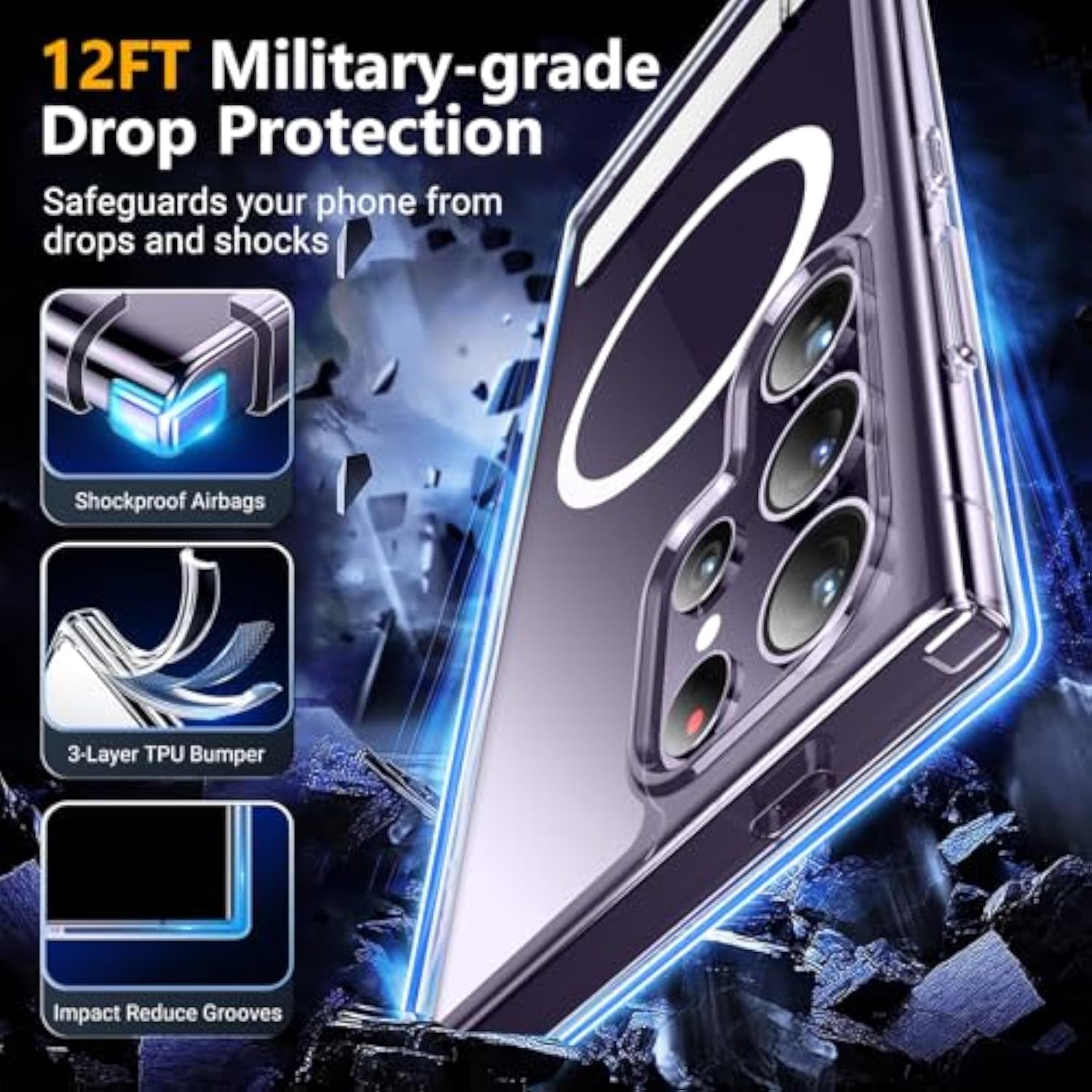 For Samsung Galaxy S24 Ultra Case, With Invisible Kickstand, Magnetic Case [Military Grade Drop Protection] [2 Pcs Tempered Glass Screen Protectors] Shockproof Slim Case, Clear