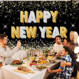 Happy New Year 2025 Banner and Backdrop 72x44 Inch Black and Gold for Party Decor