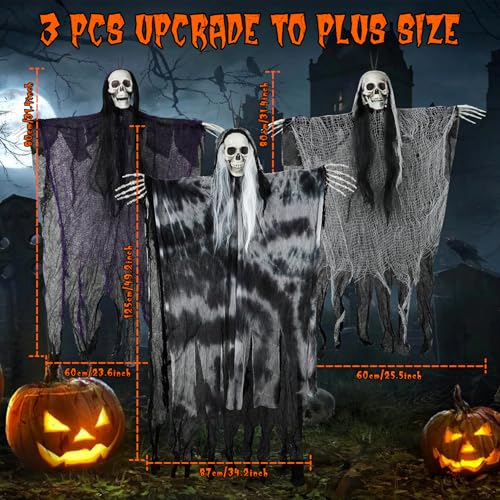 3 Pack Hanging Halloween Skeleton Ghost Decorations, 49.2" Large Grim Reaper with Adjustable Arms and 2 Pcs 31.4" Flying Skull Ghosts for Indoor Outdoor Yard Porch Tree Haunted House Decor