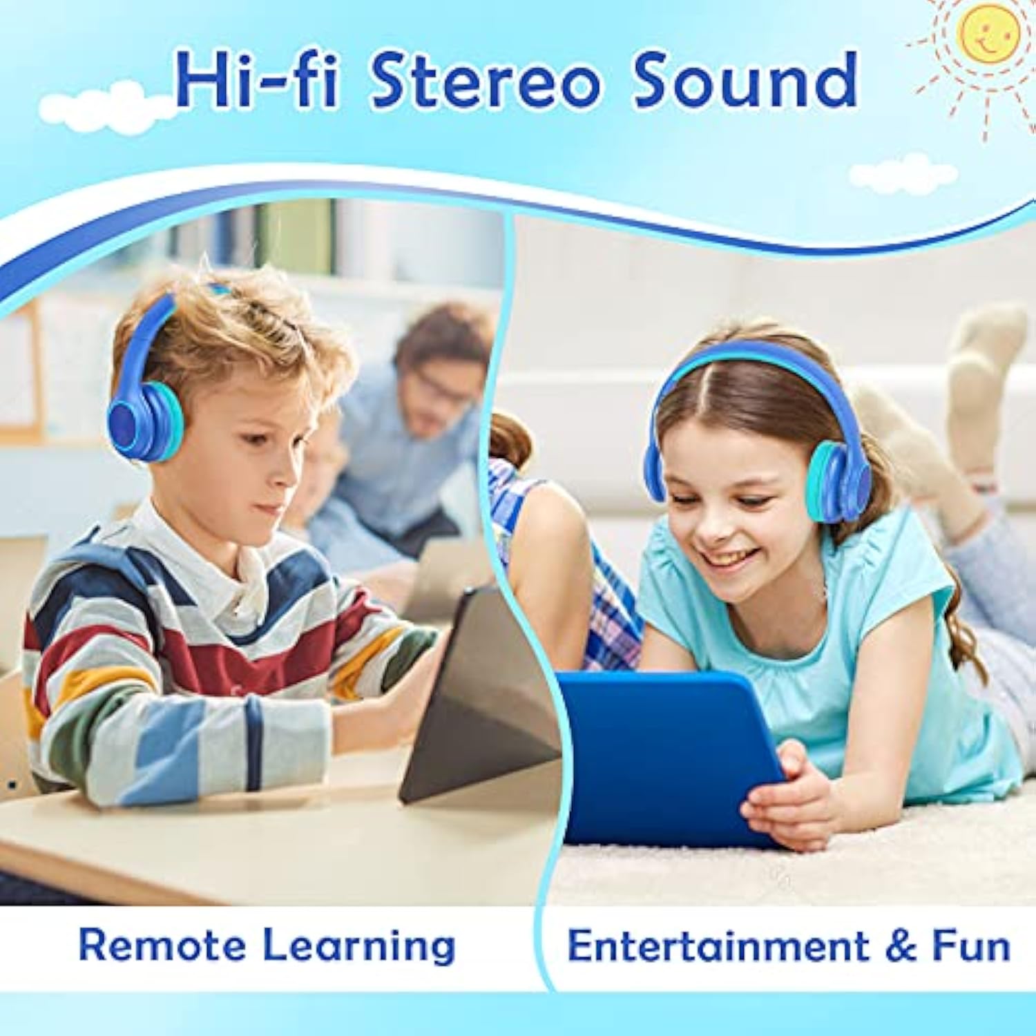 Bluetooth Kids Headphones Fit For Aged 3-21, Colorful Led Lights Comfort Wireless Headphones With Microphone 94Db Volume Limited For School//Pc/Tv/Cellphones, Wired & Tf Card Mode,Blue