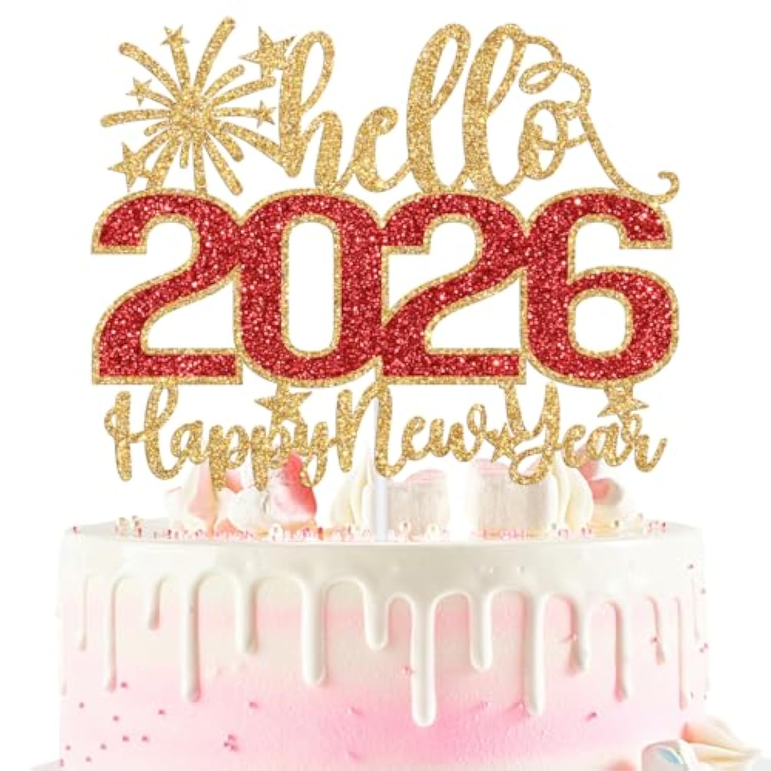 Hello 2026 Happy New Year Cake Topper Gold Red Glitter Party Decorations