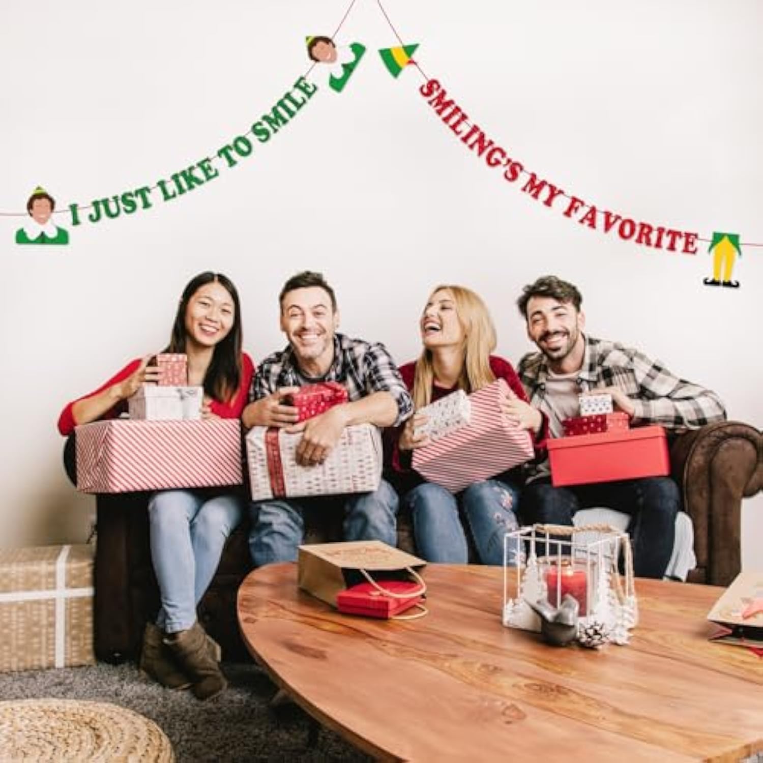 Funny Elf Christmas Decorations, Novelty Buddy The Elf Party Banner Decor Supplies, Holiday Hanging Sign For Fireplace Mantle Wall Decor, Christmas Party Photo Booth Backdrop - I Just Like To Smile