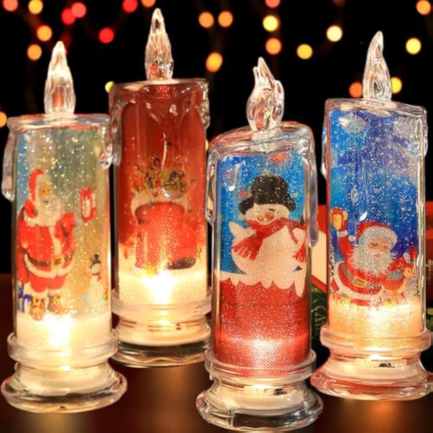 Flameless Led Candles Set Of 4 With Santa Claus, Snowman Decals - Battery Operated Christmas Themed Festival Gift Decorations