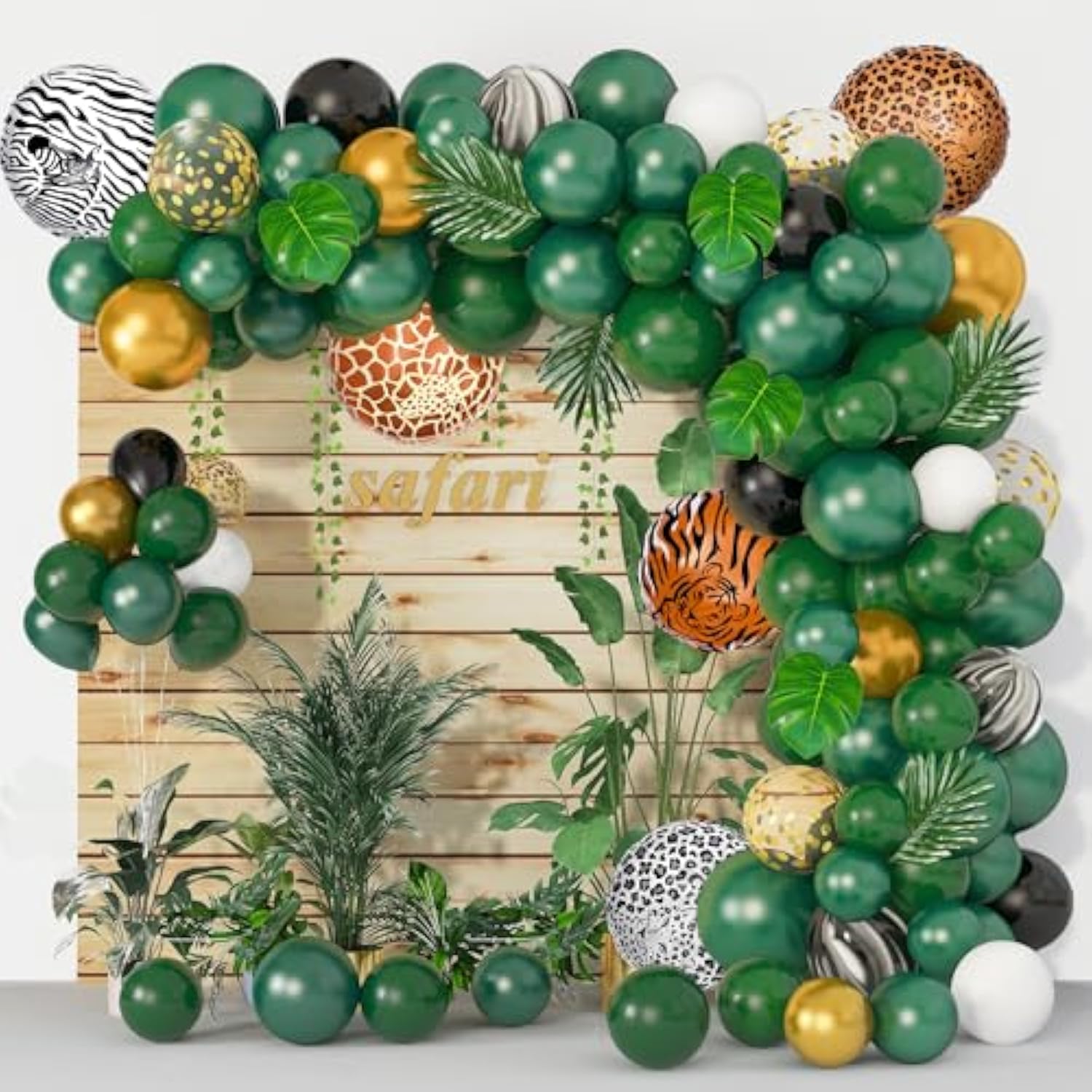 Jungle Safari Balloon Arch Kit: Green & Gold Party Garland with Palm Leaves