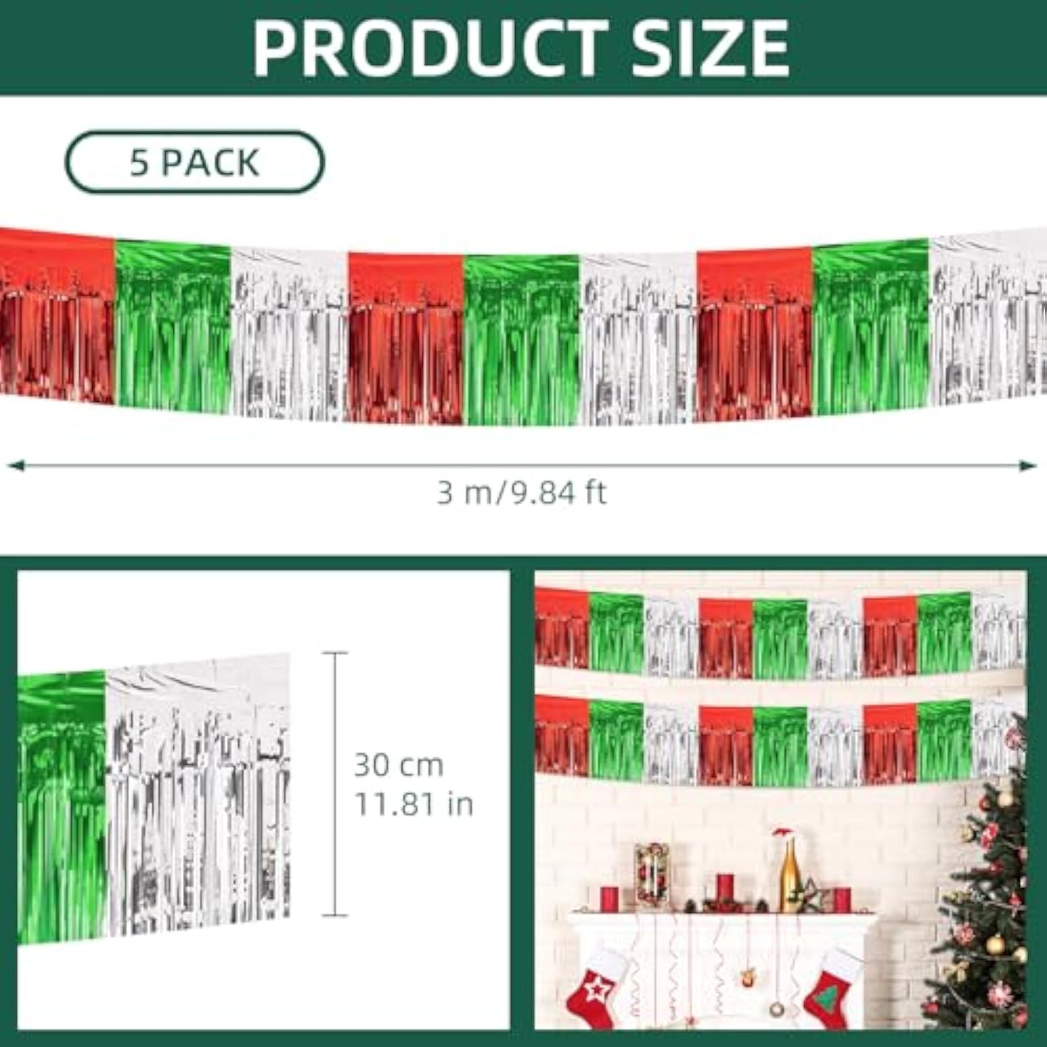 5 Pack 10ft Christmas Foil Fringe Garland Red Silver Green Party Decorations